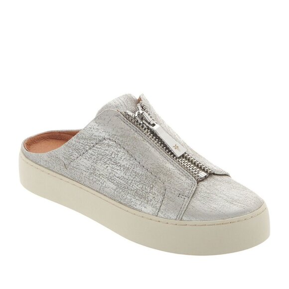 FRYE Lena Leather Zip Mules in Silver - Picture 1 of 13